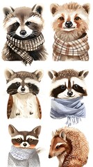 Fototapeta premium Safari Animal Set with Forest Creatures: Cartoon style depiction of friendly forest animals like bears, raccoons, owls, hedgehogs, and deer.