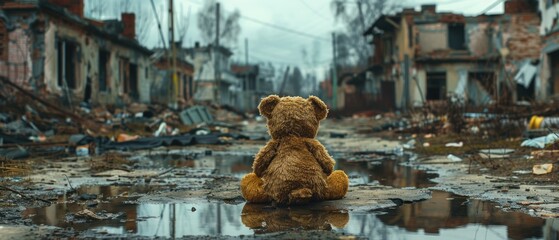 A teddy bear sits in the middle of a war-torn city. The city is in ruins, with buildings destroyed and rubble everywhere. The teddy bear is alone and looks lost and scared. - obrazy, fototapety, plakaty