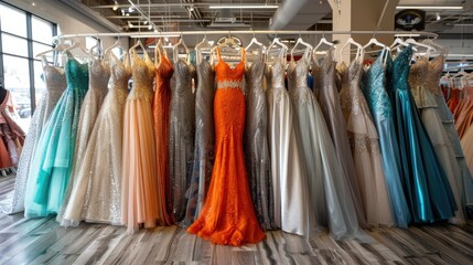 A variety of colorful evening gowns hang on a rack in a store.