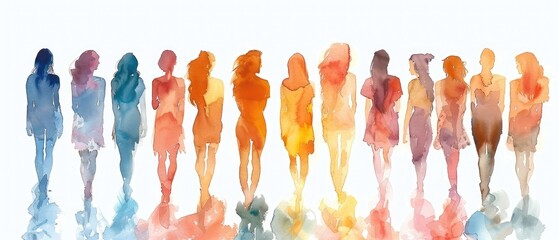 A watercolor painting of a group of women in evening gowns, walking away from the viewer. The women are all different heights and weights, and their dresses are all different colors. The painting has