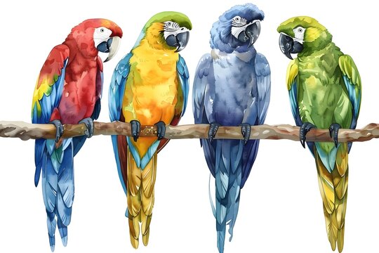 Safari Animal Set with Tropical Birds: Colorful parrots of different colors perched together on a branch, illustrated in watercolor.