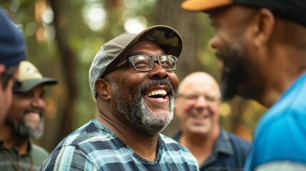 A group of men laughing and bonding while partaking in a teambuilding challenge at a mens healing retreat.