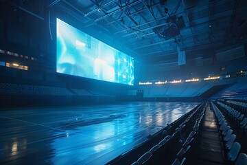 A large LCD screen is displayed in a large warehouse.