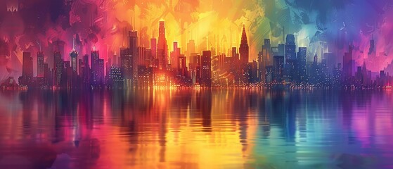 An abstract painting of a cityscape with bright, vibrant colors.