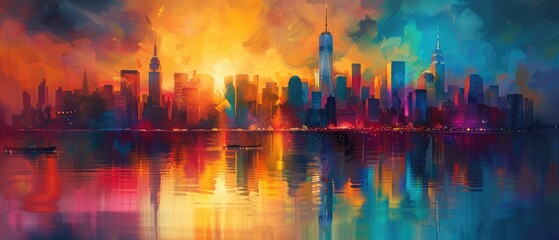 An abstract painting of the New York City skyline at sunset, with a bright yellow sky and blue...