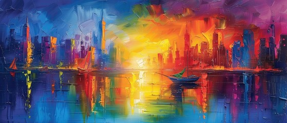 An oil painting of a colorful cityscape with skyscrapers and a river.