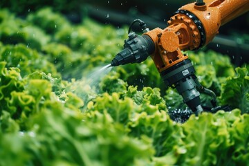 Automated machinery is used to water crops in a greenhouse.