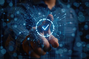 Glowing blue check mark icon and finger.