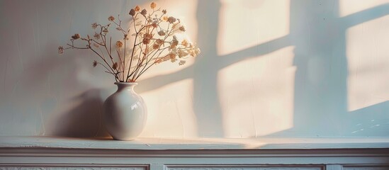 A vase with flowers sits on a decorative shelf against a white wall.