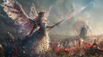 At the heart of the battlefield a majestic fey queen stands tall her wings spread wide as she leads her loyal soldiers into battle. . .