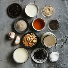 Obraz na płótnie Canvas top view of ingredient to make milk tea - ai