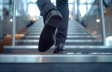 Feet of man walking up a flight of stairs. Concept of a successful businessman.