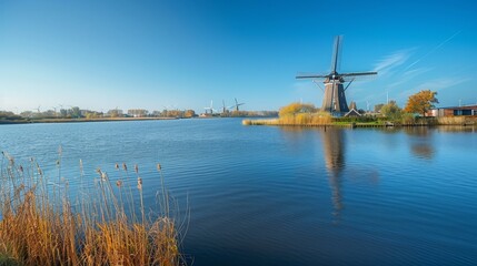Windmill park in ocean under clear blue sky on a sunny day