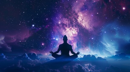 Astral body silhouette meditates in lotus pose against cosmic backdrop, Ai Generated