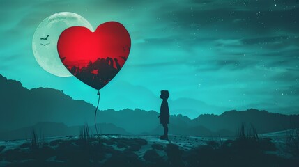 A solitary child gazes at the distant horizon, clutching a heart shaped balloon, Ai Generated - obrazy, fototapety, plakaty