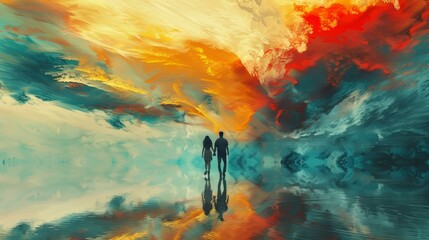 Couple in surreal landscape, standing at colorful sky's edge, embodying cosmic love, Ai Generated