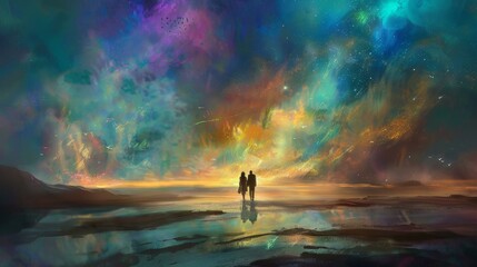 Fototapeta premium Couple in surreal landscape, standing at colorful sky's edge, embodying cosmic love, Ai Generated