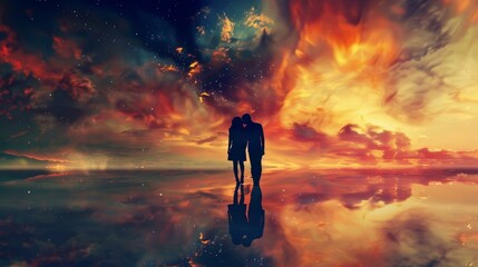 Couple in surreal landscape, standing at colorful sky's edge, embodying cosmic love, Ai Generated