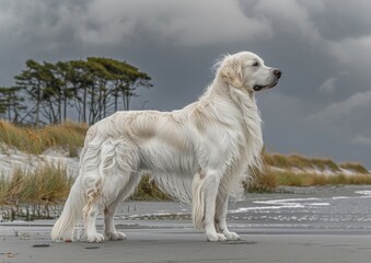 Majestic White Dog Standing Proudly on a Windy Beach with Sand Dunes and Overcast Sky