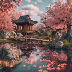 Cherry blossoms in a Japanese village