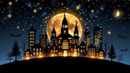 Magical Halloween Night with a Full Moon Over a Gothic Castle Surrounded by Bats