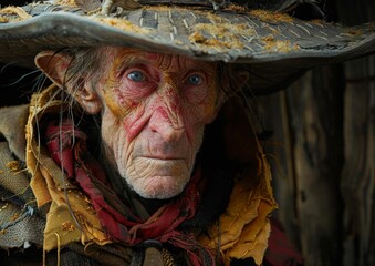 Old Weathered Cowboy in a Tattered Hat with a Wrinkled, Expressive Face
