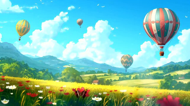 Whimsical Balloon in wildflowers field. Surreal concept, anime illustration style, looping 4k video animation background