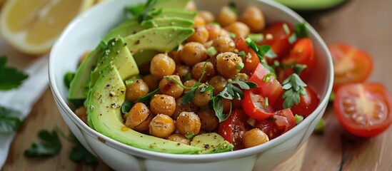 Healthy vegan dish idea featuring a white bowl filled with roasted chickpea salad, avocado, and tomatoes.