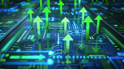 Green arrows pointing up on a circuit board background.
