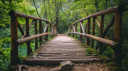 beautiful old wooden bridge at a forest