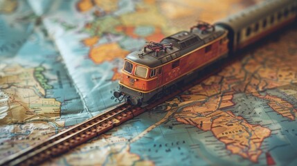 Train model on map, rail transportation or train journey concept 