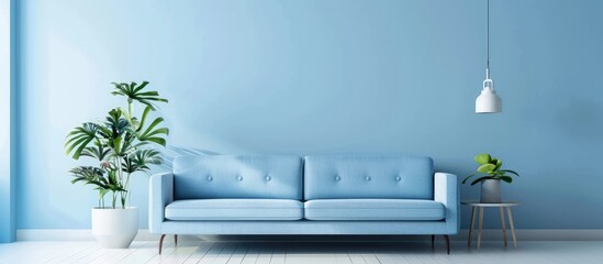 The living room has a simple decor, featuring a blue sofa and a light blue wall.