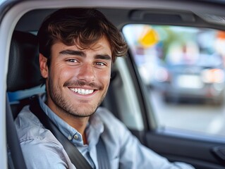 A man sits behind the wheel of a car, driving with a smile, embodying the joy of the open road and the freedom of the journey ahead.