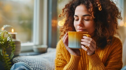 A woman holds a mug of warm tea as she sits crosslegged on a cushion her eyes closed in a moment of reflective meditation.