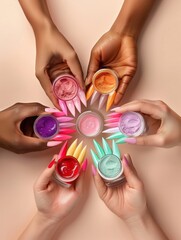 captivating, close-up, group, people's, hands, woman's, colorful, manicured, nails, vibrant hues, intricate designs, stand out, directly above shot, beauty, fashion, nail art, diversity, style, elegan