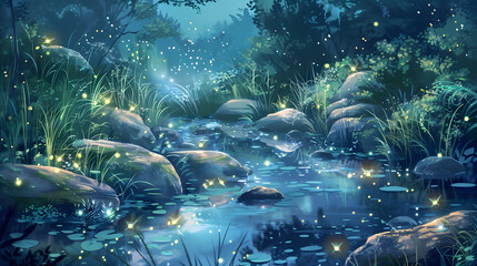 Night streams flow through the calm forest, and there are also fireflies
