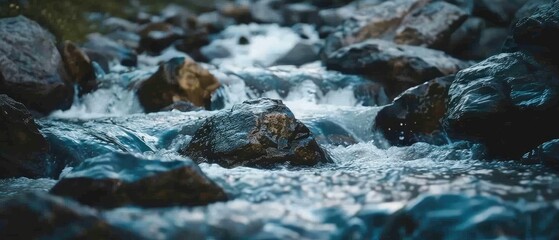 Macro shot of a scenic river flowing gently, natural sounds and sights soothing the mind