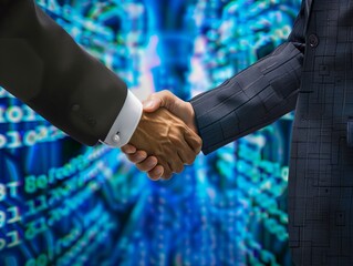 In a close-up shot against a digital blue background, two business individuals are seen shaking hands, symbolizing a professional agreement or successful partnership in the modern digital era.
