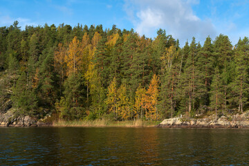 Lake Ladoga near the village Lumivaara on a sunny autumn day, Ladoga skerries, Lakhdenpokhya, Republic of Karelia, Russia