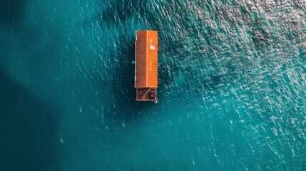 Aerial View of a Tranquil Pontoon Floating in the Turquoise Sea at Sunset - obrazy, fototapety, plakaty