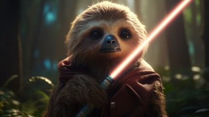 Fototapeta premium Portrait of a cute Jedi Sloth. Created with Generative AI