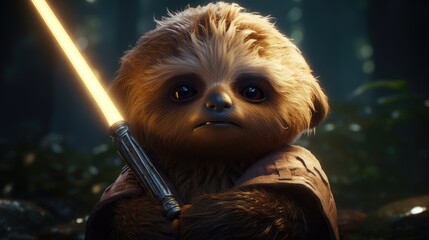 Fototapeta premium Portrait of a cute Jedi Sloth. Created with Generative AI 