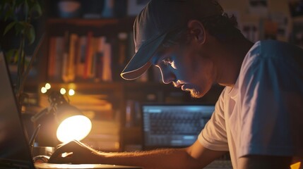 A teenager stays up late at home, diligently studying and writing homework, embodying the dedicated nature of a conscientious student striving for academic excellence.
