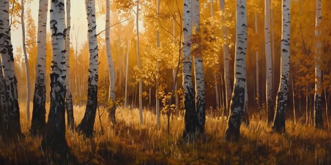 Oil painting of birch forest in autumn season,  art backgrounds.