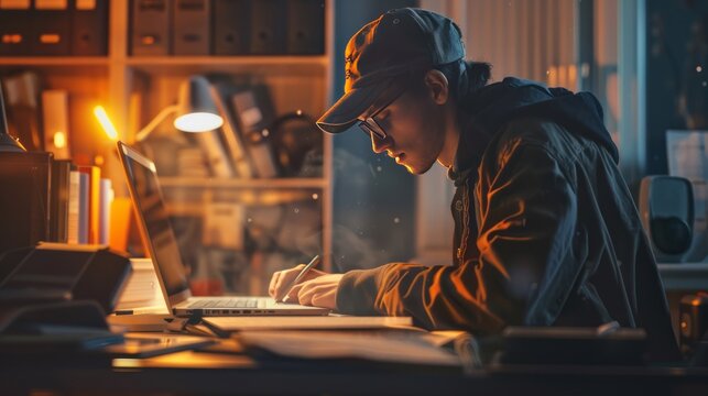 A teenager stays up late at home, diligently studying and writing homework, embodying the dedicated nature of a conscientious student striving for academic excellence.