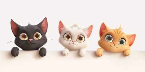 Fototapeta premium Three cute cartoon cats holding empty banner, adorable kittens animals peeking out blank board, with copy space, for cards, banner, posters design.