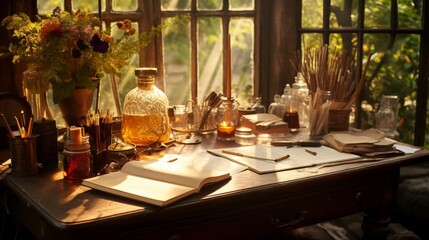 A vintage writing desk bathed in golden sunlight, with quill pens, ink bottles, and parchment scrolls scattered about, invoking an old-world charm. 