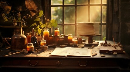 A vintage writing desk bathed in golden sunlight, with quill pens, ink bottles, and parchment scrolls scattered about, invoking an old-world charm. 