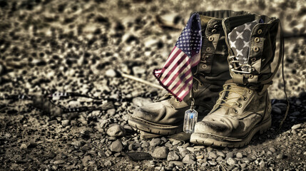 Military boots with American flag and dog tags in pebbles