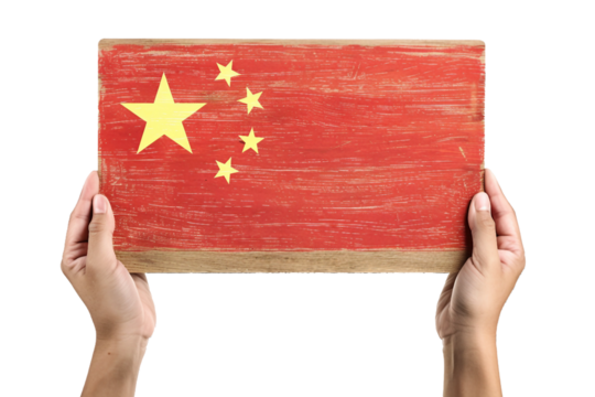 hands holding board with china flag, isolated PNG, white background
